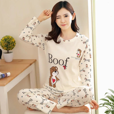 Autumn Thin 2pieces Pyjamas Set Women 2025 Round Neck Girls Bear Pajamas Sets Teacup Cat Full Sleepwear Tops lovers Pajama Mujer - Smarsty