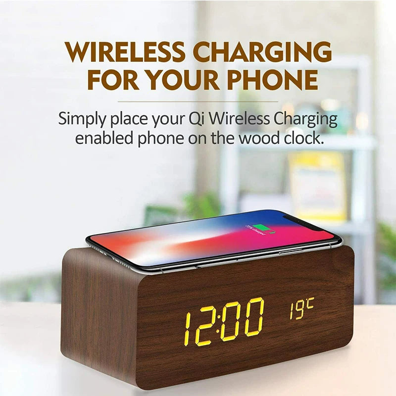 Wooden Digital Alarm Clock with Wireless Charging Feature - Smarsty