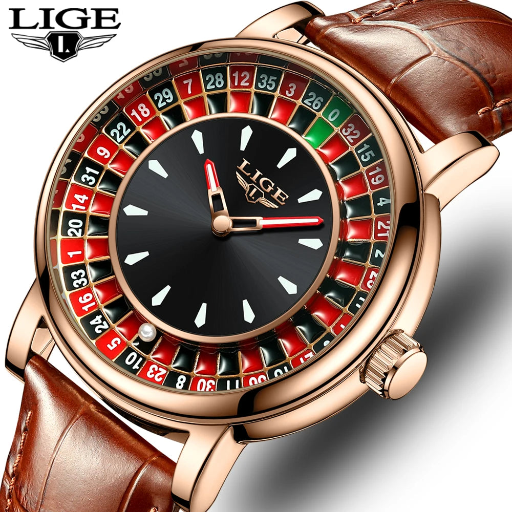 LIGE Waterproof Brown Leather Men's Roulette Watch - Smarsty