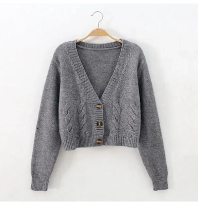 V Neck Cropped Cardigan Women Long Sleeve Twist Knitted Sweater Coats Autumn Winter Keep Warm Korean Fashion Jacket Cardigan - Smarsty