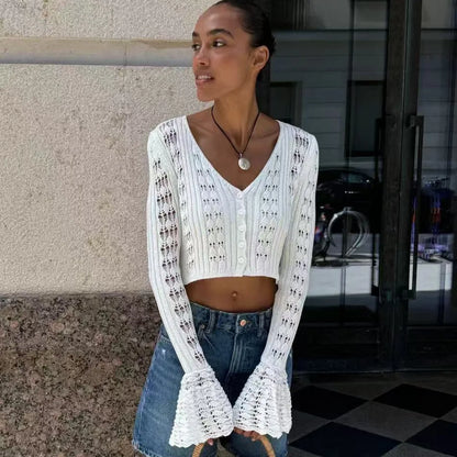 TARUXY Hollow Knitted Cardigan Women's Solid Long Sleeve V Neck Short Sweater Top Summer 2025 New Female Crochet Casual Outwear