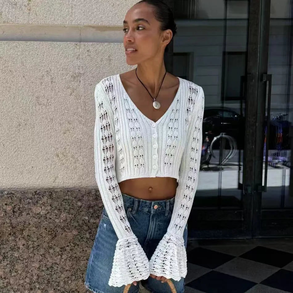 TARUXY Hollow Knitted Cardigan Women's Solid Long Sleeve V Neck Short Sweater Top Summer 2025 New Female Crochet Casual Outwear