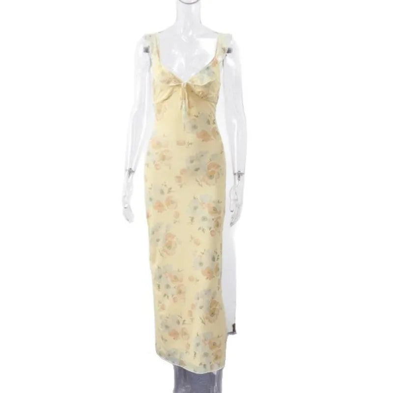 Summer Flower Printed Women's Sexy Low-cut Dress Sleeveless Backless Slim Sling Dresses 2025 Beach Vacation Lady Vestidos - Smarsty