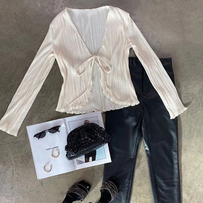 2024 Women Pleated Plain Shirts Spring Fall Chic Long Flare Sleeve V- Neck Tie Up Cardigans Tops for Casual Party Street - Smarsty