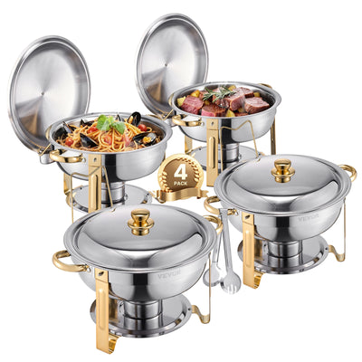 SucceBuy 4 Pack Chafing Dish Buffet Set Stainless Steel Chafer w/4 Full Size Pan Round Catering Warmer Server for Party Banquets - Smarsty