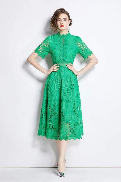 H Han Queen Spring New Elegant Casual Work Party Dresses Floral Crochet Hollow Out Lace Patchwork Casual Office Midi Dress - Smarsty