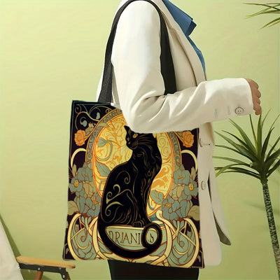 Retro Black Cat Tote Bag Linen Fabric Lightweight Shopping - Smarsty