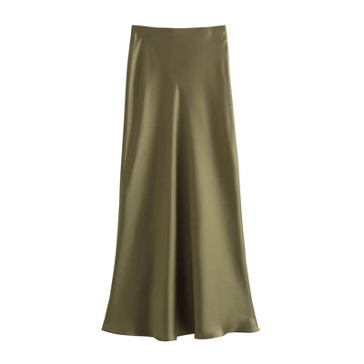 TRAFZA 2024 Y2K Casual Women Long Skirt Spring Elastic High Waisted A-Line Casual Female Satin Skirts High Street Lady Skirts - Smarsty