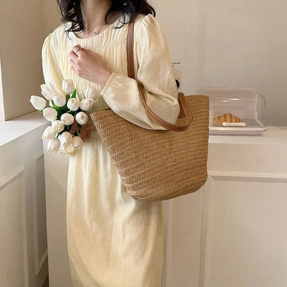 Large Capacity Straw Beach Tote Woven Shoulder Bag Summer - Smarsty