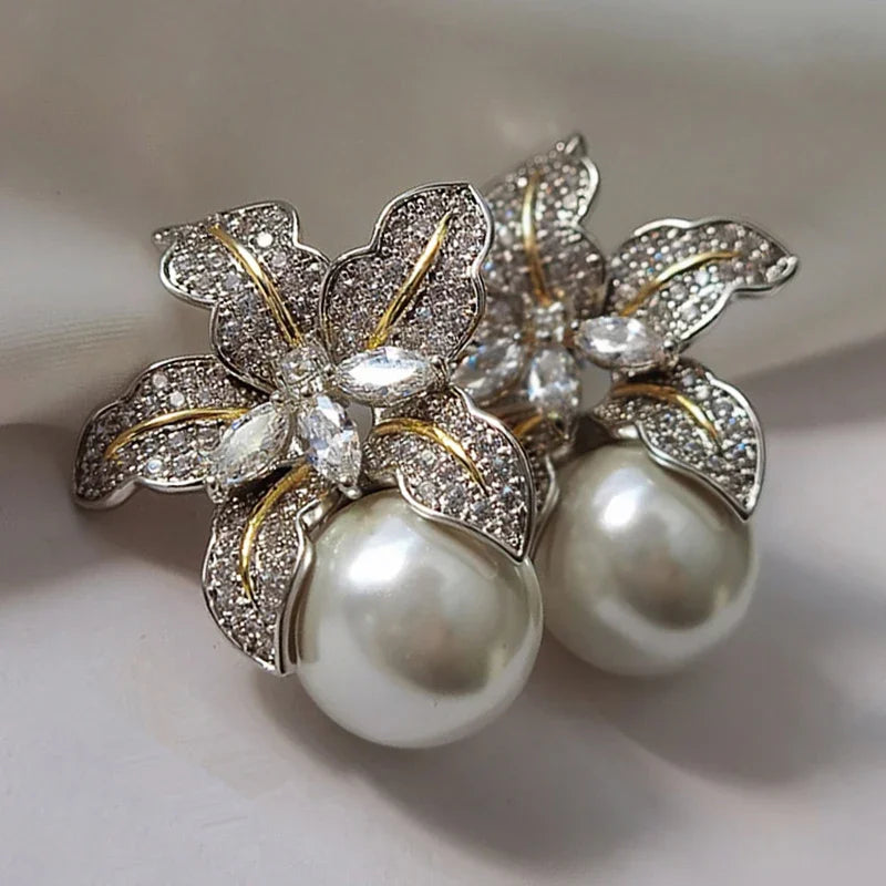 Elegant Flower Imitation Pearl Earrings With CZ Stone - Smarsty
