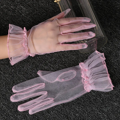Women Lace Tulle Gloves Stretchy Full Finger Wedding Gloves - Smarsty