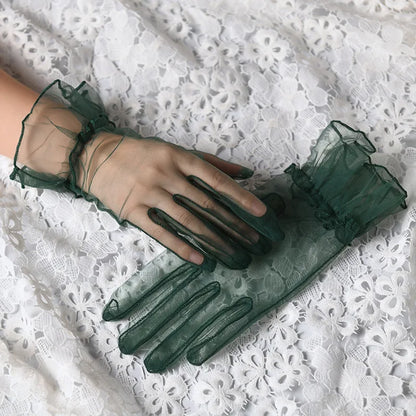 Women Lace Tulle Gloves Stretchy Full Finger Wedding Gloves - Smarsty