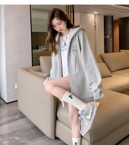 Women Embroidery Print Sporty Chic Hoodies Casual Zip Up Long Sleeve Loose Jacket Coats Harajuku Hooded Sweatshirts Streetwear
