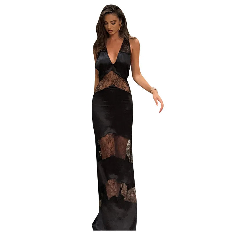 Elegant Lace Halter Dress Women Slim V-neck Backless Evening Long Dresses Woman Sleeveless Vintage Party Robe Lady Spring Summer - Smarsty
