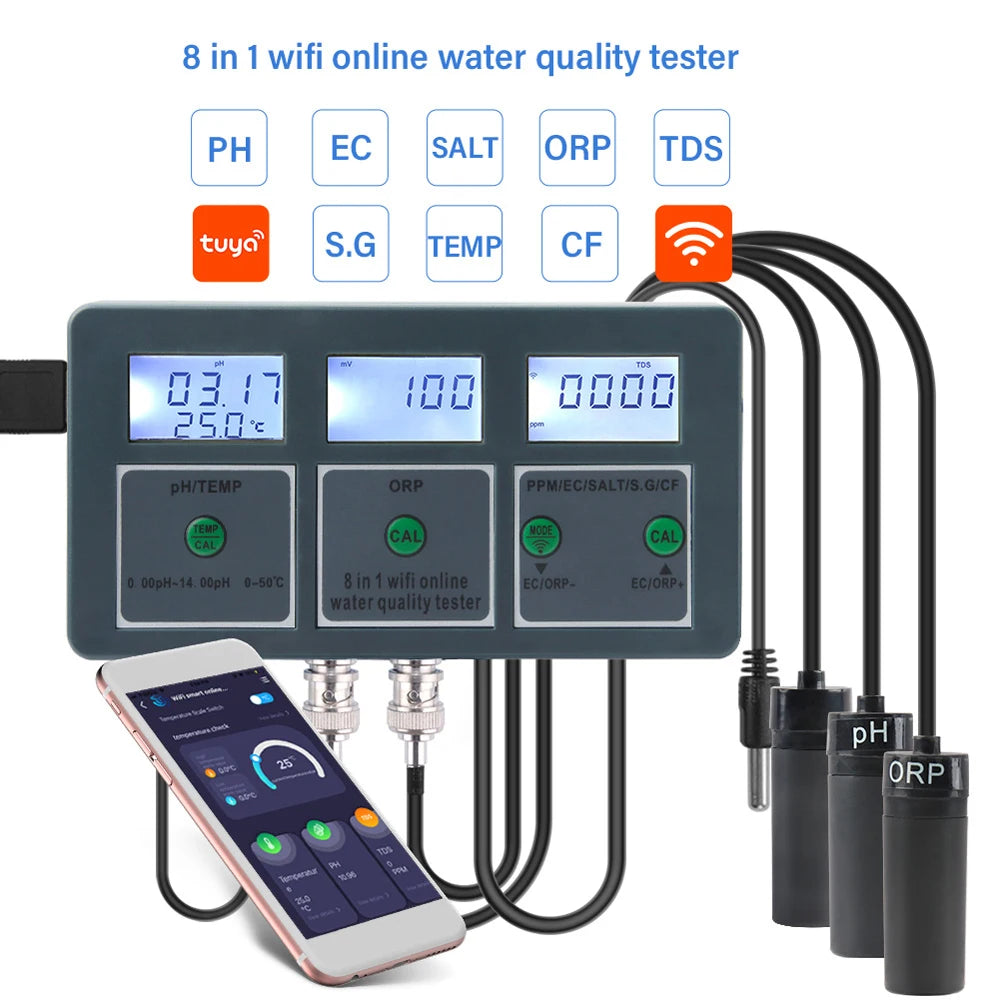 Tuya WiFi 8 In 1 Water Quality Tester with Digital Display - Smarsty