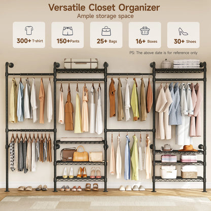 L4 Wall Mounted Industrial Pipe  Clothes Rack, Closet Organizer System with Rods Expandable, Clothing Rack, Corner Garment Rack