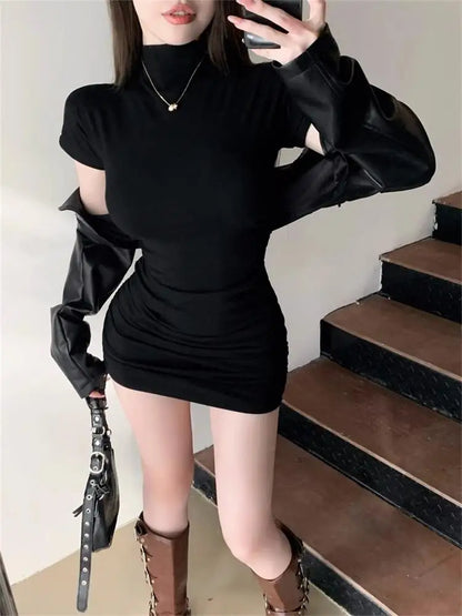 Sexy Tight Half High Collar Pleated Waist Mini Dress Spicy Girls Slim Dresses Bodycon Women Vestidos Cortos Party Mujer Clothing - Smarsty