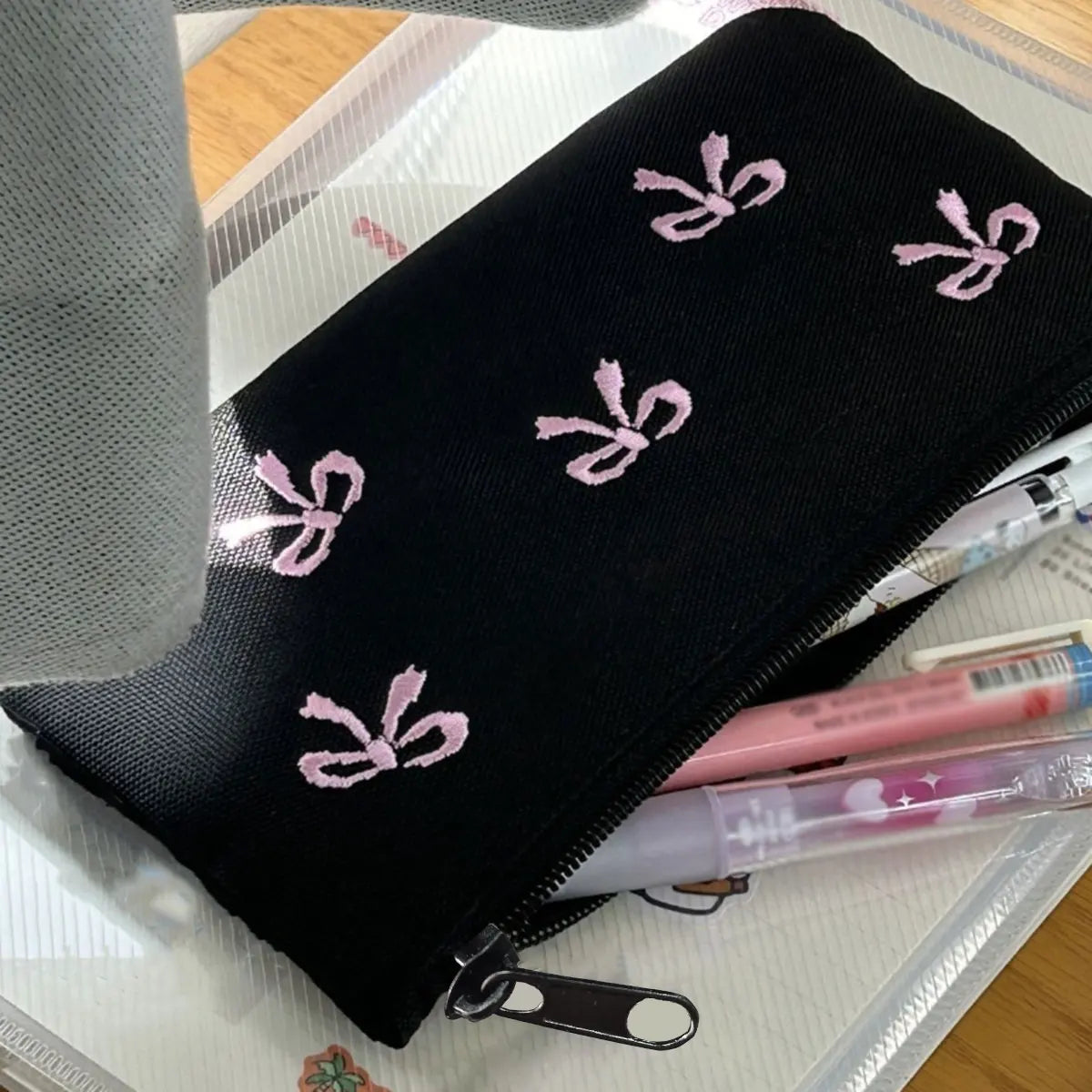 Elegant Bow Embroidery Cosmetic Bag Canvas Pen Case - Smarsty