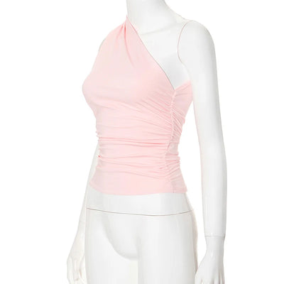Solid Color One Shoulder Backless Shrink Tank Top T-Shirt Candy Color Tight Sexy Sleeveless Neckless Slim Casaul Top - Smarsty