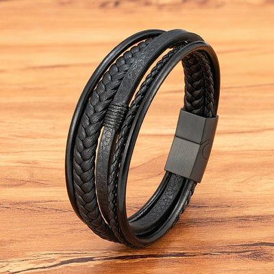 Mens Leather Bracelet Magnetic Buckle Multilayer Bangles - Smarsty