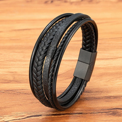 Mens Leather Bracelet Magnetic Buckle Multilayer Bangles - Smarsty