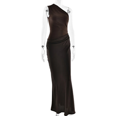 JULISSA MO Patchwork Satin Sexy One Shoulder Women Maxi Dress Brown Sleeveless Evening Dress Summer Slim Elegant Party Clubwear - Smarsty