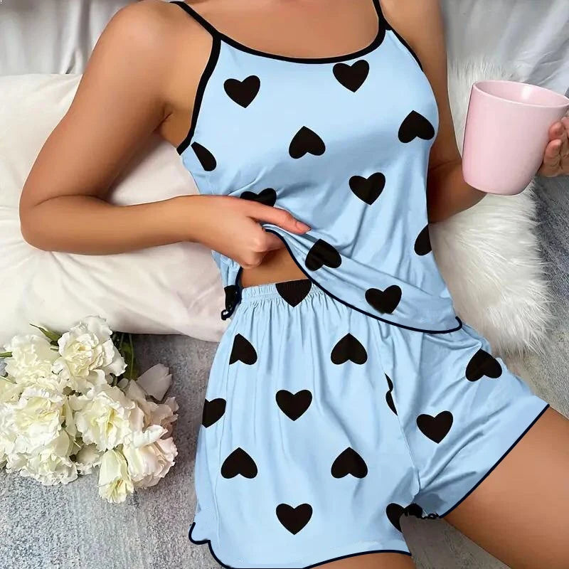 Women's Pajama Set Pajamas T-Shirts Shorts Pink Heart-Shaped Print Round Neck T-Shirt Ice Silk Top Comfortable Casual Summer ﻿ - Smarsty