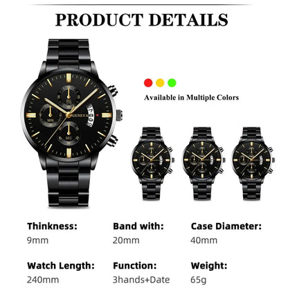 Luxury Black Stainless Steel Men's Watch with Calendar Feature - Smarsty