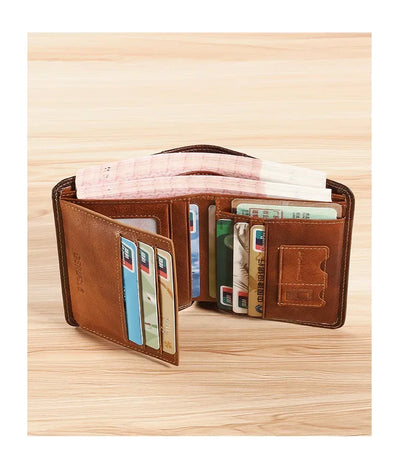 Men Wallet Genuine Leather Rfid Blocking Trifold Wallet Vintage Thin Short Multi Function ID Credit Card Holder Male Purse Money - Smarsty
