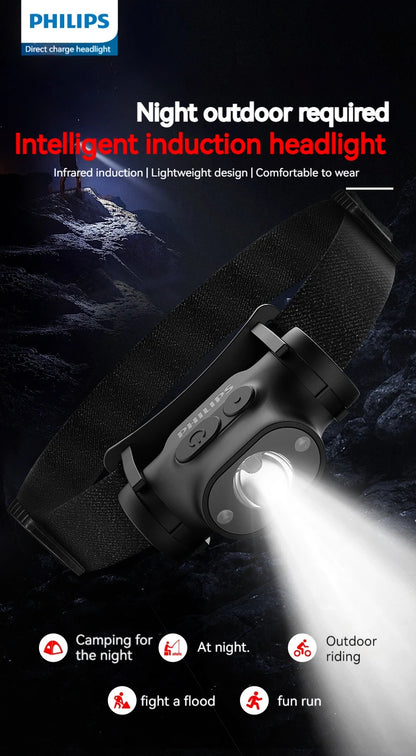 PHILIPS LED Headlamp Sensor Head Flashlight Ten Types of Lighting Type-C Rechargeable Headlight Outdoor Camping Fishing Lantern by Smarsty