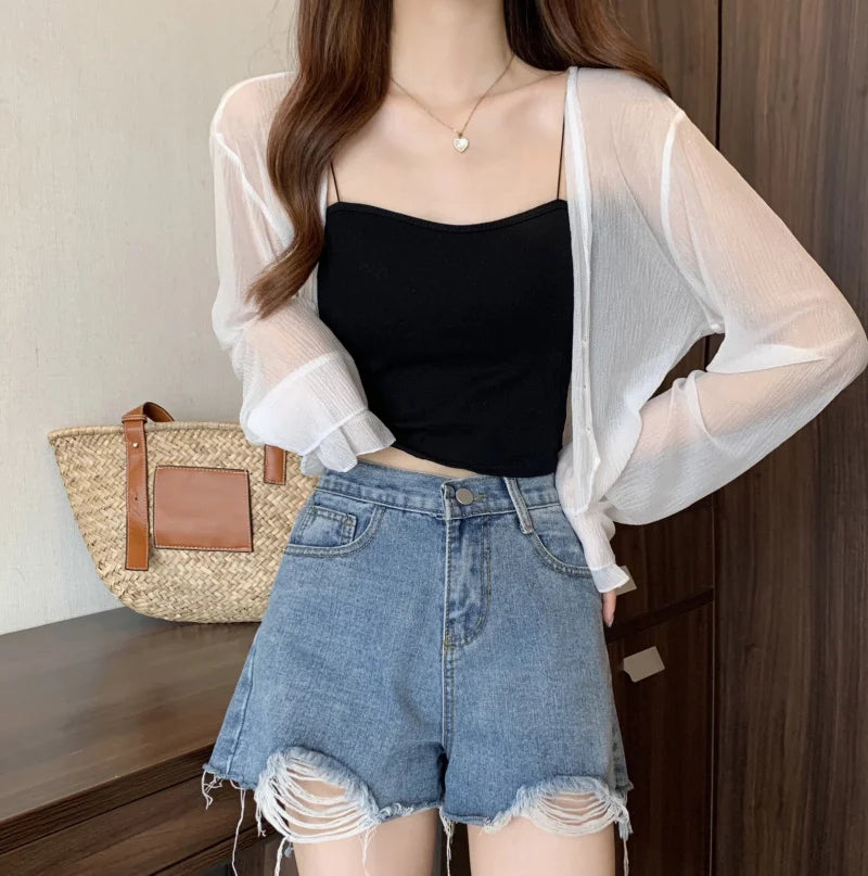 2025 Fairy Style Solid Cardigan Women Summer New Long Sleeve Sunscreen Sweet Beading V-neck Basics Loose Chiffon Cardigan - Smarsty