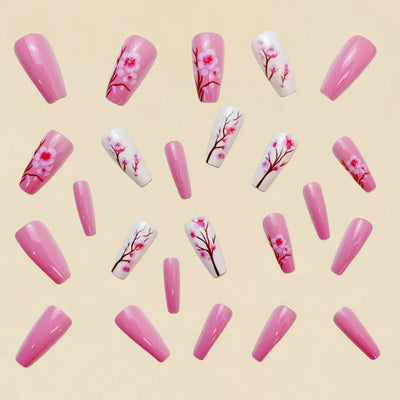 24 Piece Set Medium Long Press On Nails with Peach Flower Design - Smarsty