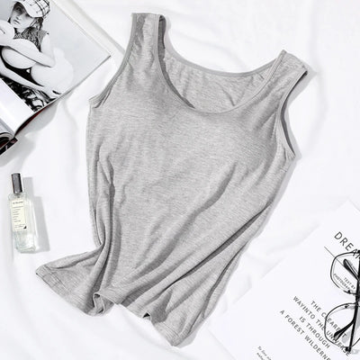 2023 Women's Vest Tops with Built In Bra Neck Vest Solid Color Padded Slim Fit Tank Tops Sexy Shirts Feminino Casual Tank Tops - Smarsty