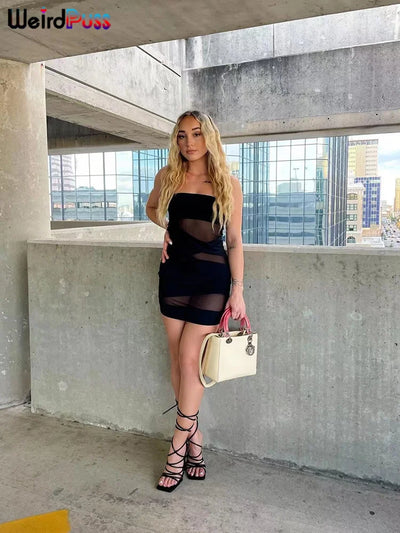 Weird Puss Party Strapless Dress Women Patchwork Mesh Summer Trend Sleeveless Midnight Sexy Hip Mini Bodycon Skinny Clubwear - Smarsty