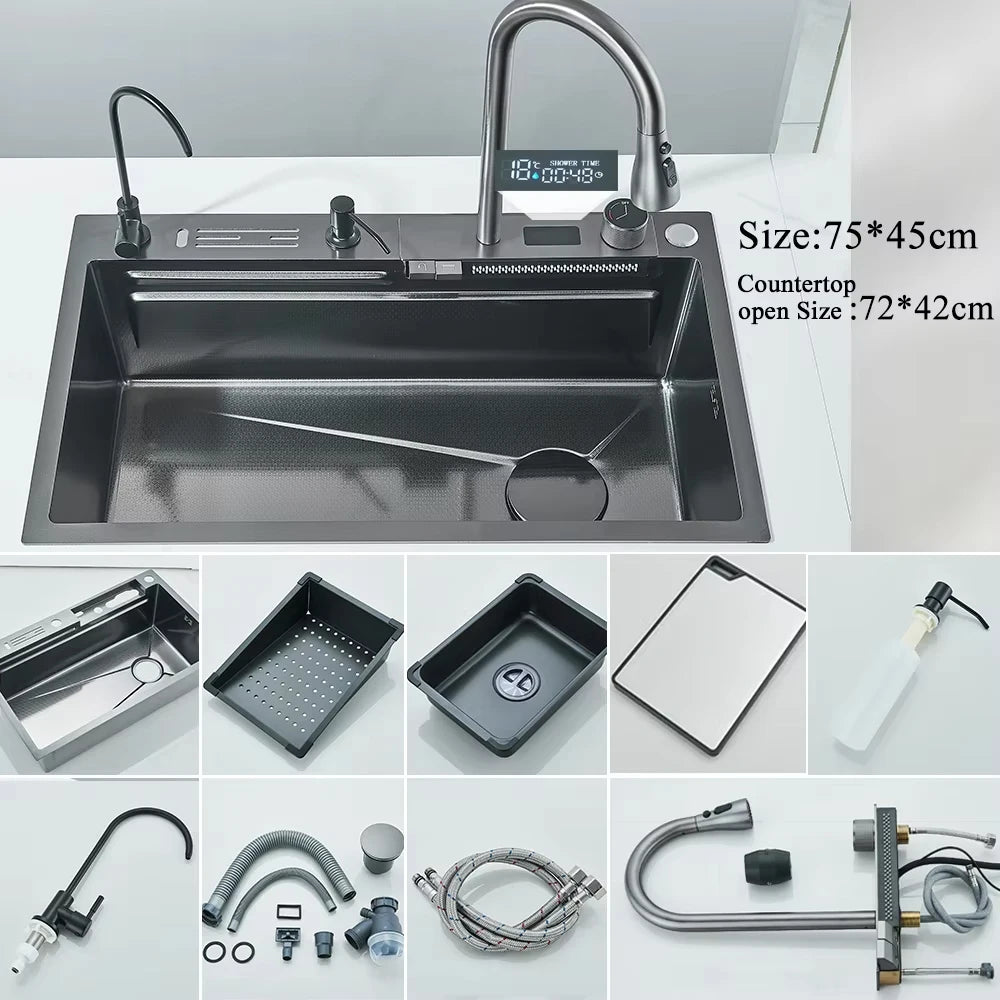 Large Stainless Steel Kitchen Sink with Digital Faucet Display - Smarsty