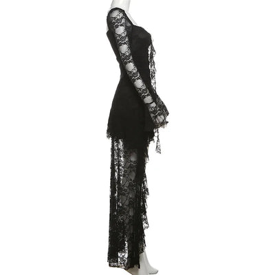 Goth Dark Fairycore Lace Flare Sleeve Square Neck A-line Dress Sweet E-girl Irregular Long Hem Dresses Cyber Y2K Party Vestido - Smarsty