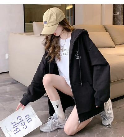 Women Embroidery Print Sporty Chic Hoodies Casual Zip Up Long Sleeve Loose Jacket Coats Harajuku Hooded Sweatshirts Streetwear - Smarsty