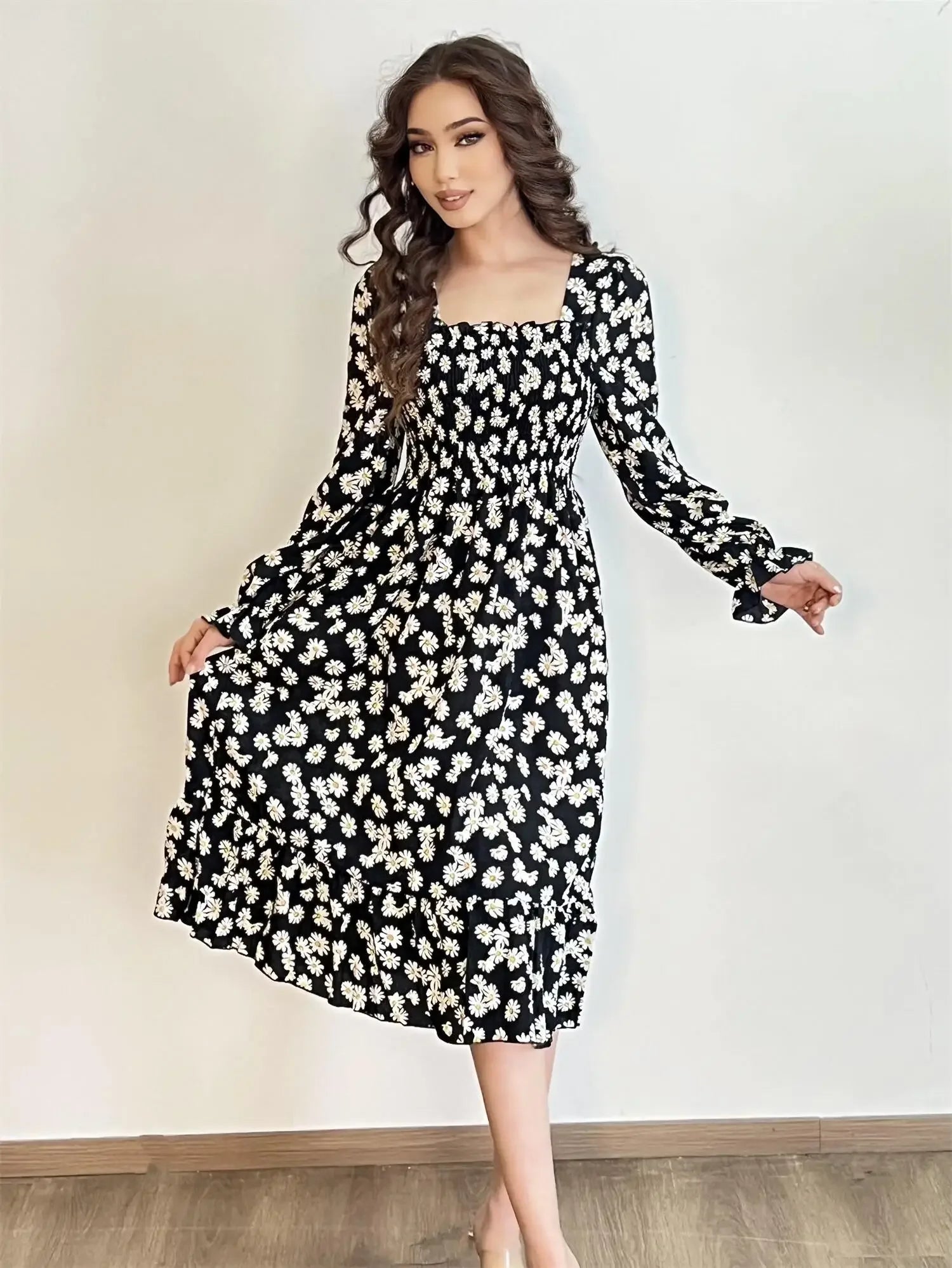 Long Sleeve Casual Dress Women Chiffon Dresses Autumn Spring A-line Printed Floral Elastic Chest Lace Up Midi Dresses Vestidos - Smarsty