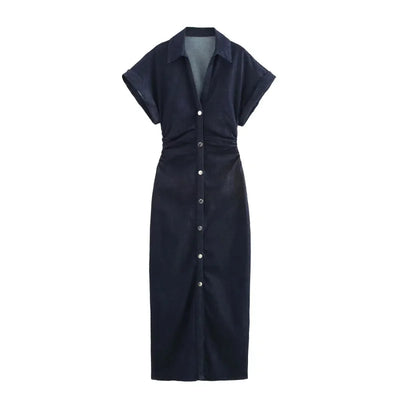 ETJ 2025  Spring New 1975 series denim MIDI dress with lapel side zipper fashion wrinkle waist slim elegant dress - Smarsty