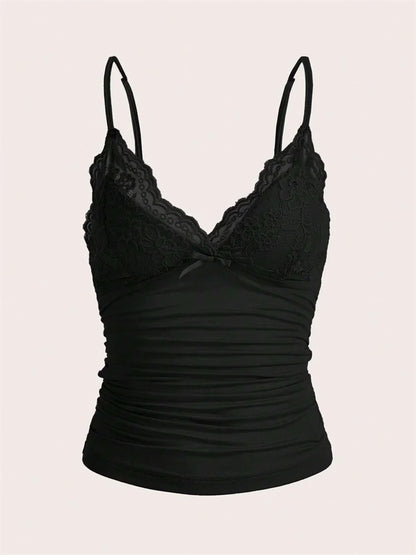 Sexy Contrast Lace Bow Front Crop Cami Top Women 2024 Summer Grunge Punk Y2K Clothes Ruched Skinny Backless Tee Shirt