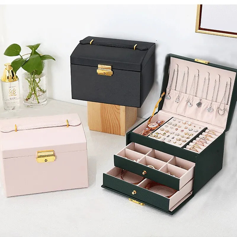 Multi Functional Three Layer Leather Jewelry Box - Smarsty