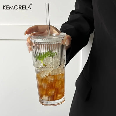 600ML Eco-Friendly Stripe Glass Coffee Cup with Lid - Smarsty