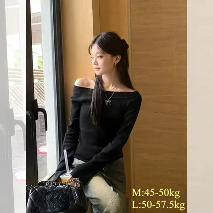 Sexy Pullovers Women Off Shoulder Cropped Knitted Basic Clothes Autumn All-match Side Slit Simple Tender Slim Gentle Seductive - Smarsty