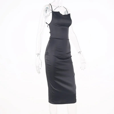 Neon Satin Lace Up Women's Long Midi Dress Light Pink Bodycon Backless Elegant Party Sexy Club Clothes 2022 Summer Dinner Outfit - Smarsty