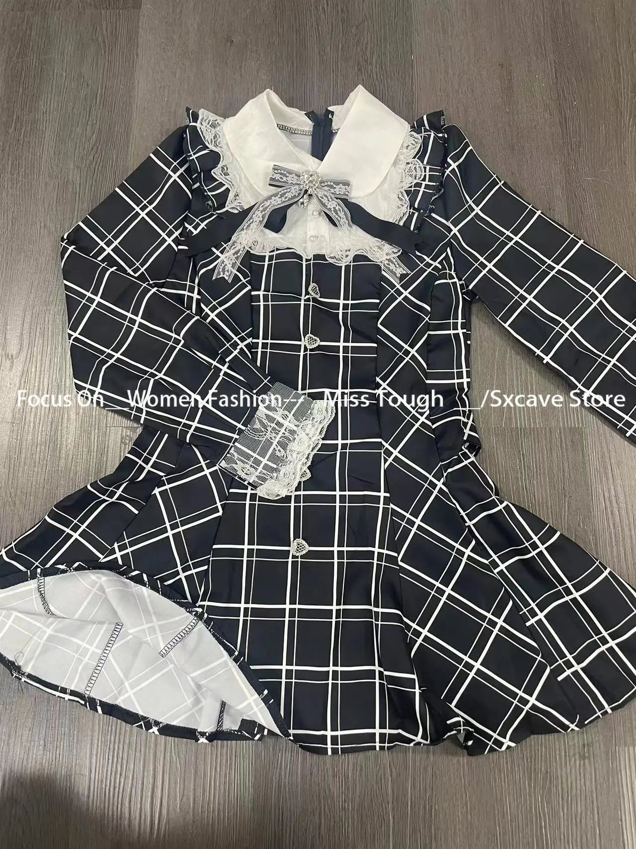 Harajuku Sweet Bow Black Plaid Dresses All-match Slim Fit Kawaii Lolita Dress for Women Autumn New Long Sleeve Vestidos De Mujer - Smarsty