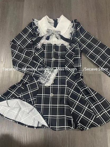 Harajuku Sweet Bow Black Plaid Dresses All-match Slim Fit Kawaii Lolita Dress for Women Autumn New Long Sleeve Vestidos De Mujer - Smarsty