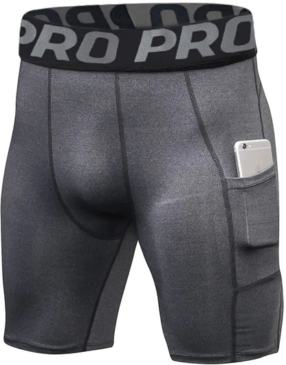 Mens Gym Shorts with Pockets Workout Compression Leggings for Men Polyester Boxer Briefs Running Basketball Athletic Tights - Smarsty