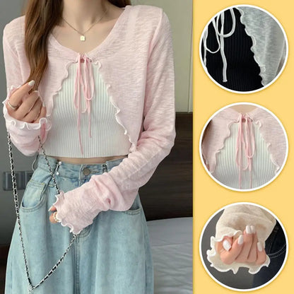 Summer Women Thin Sunscreen Cardigan Lace-up Knitwear Tops Female Korean Style Lantern Sleeve Short Coat Casual Sun Protected - Smarsty
