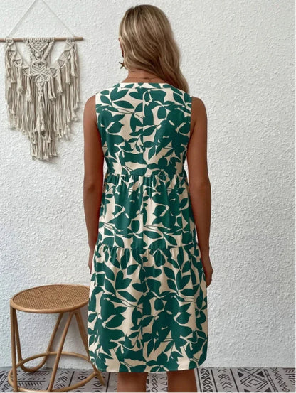 Women Boho Print Mini Dress Summer Elegant Sleeveless V Neck Ruffle A Line Tank Dress Casual Loose Oversize Beach Party Sundress - Smarsty