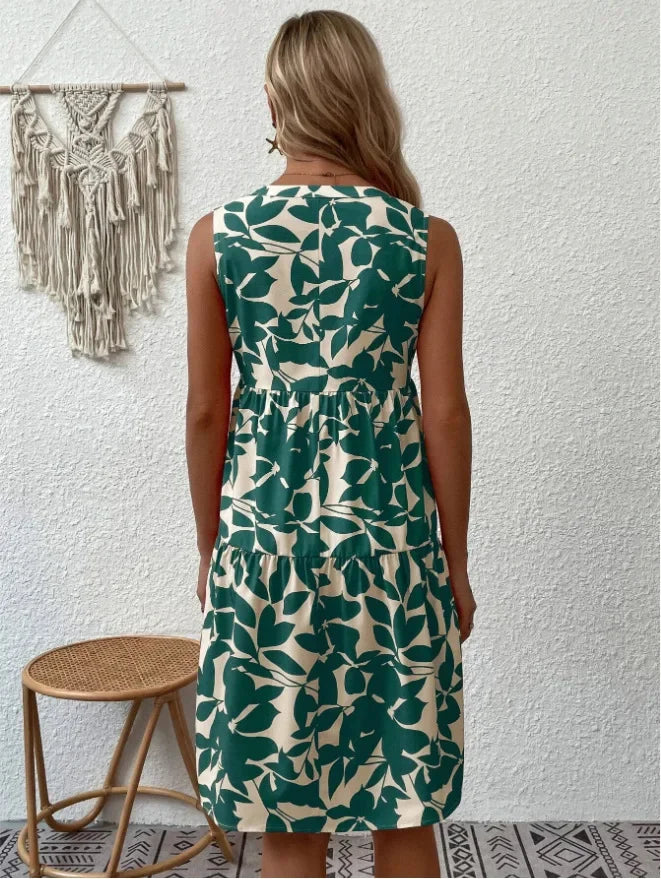 Women Boho Print Mini Dress Summer Elegant Sleeveless V Neck Ruffle A Line Tank Dress Casual Loose Oversize Beach Party Sundress - Smarsty